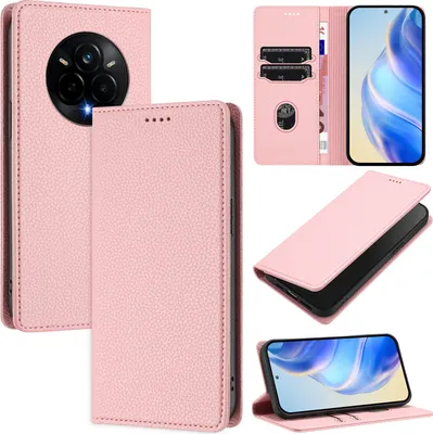 Immagine prodotto di Custodia in pelle per Realme 14 Pro, pelle Litschi, custodia a portafoglio con slot per carte e supporto Rosa