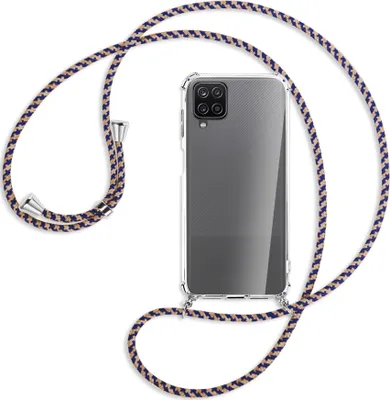 Produktbild von Handykette Backcover-Schutzhülle mit Band (Metall silberfarben) für Samsung Galaxy A12 - blau+beige