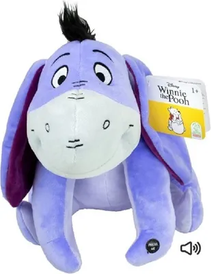 A plush toy Eeyore from Winnie the Pooh is shown sitting down, facing forward.