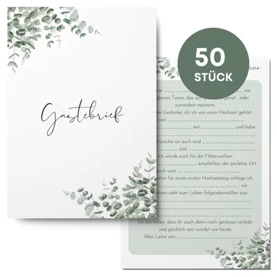 Produktbild von 50x Gästebrief Karten Hochzeit - Lückentext Gästekarten als spaßiges Hochzeitsspiel oder als Alternative zum Gästebuch (Eukalyptus)