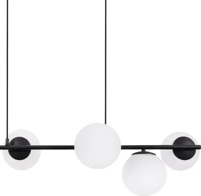 A modern black pendant light with six frosted white globe shades.
