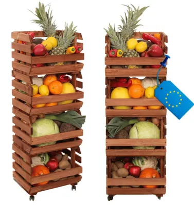 Produktbild von MODO24 Gemüseregal Holz, 4 Holzkisten, Kartoffelsteige, Obstregal, Rollenregal, Stapelbar, Vorratsregal, Massivholz Kiefer, 106x37x30 cm, Braun, RAWA