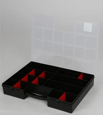 An open black storage box with red dividers and a clear lid, showing multiple compartments.