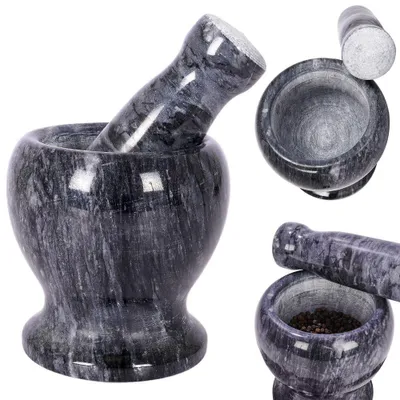 A collage of a granite mortar and pestle set, showing different angles and one with peppercorns.