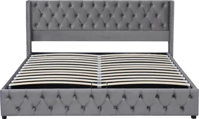 Produktbild von Flieks Polsterbett 160x200cm mit Lattenrost, Hydraulisches Boxspringbett mit Bettkasten und Stauraum, Samt Doppelbett Stauraumbett Funktionsbett, Grau