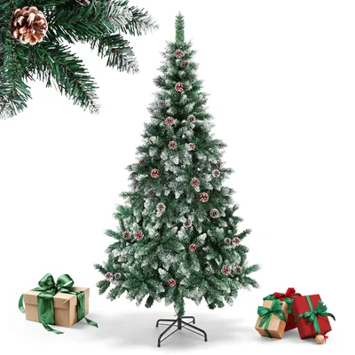 Image de Arbre de Noël Ikodm, 210 cm, sapin artificiel enneigé, avec 35 cônes, 750 extrémités de branches et un pied en métal