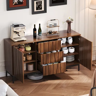 Produktbild von okwish Sideboard Kommode 150cm Eiche Esszimmerschrank  Küchenschrank  Aufbewahrungsschrank Buffetschrank  einteilige Aussparung Dunkelbraun