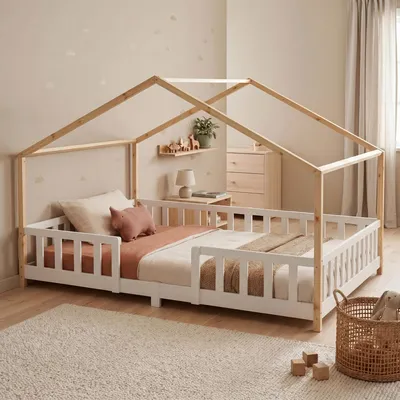 Produktbild von Kinderbett ’Treviolo‘ in Haus-Optik mit Rausfallschutz Kiefernholz 120 x 200 cm Weiß / Natur