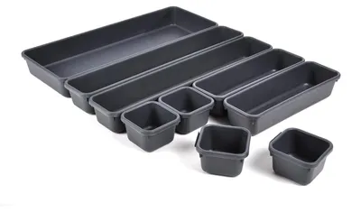 Obrázok produktu pre Sada 9 organizérov do zásuviek – šedé plastové vložky vhodné do kuchyne a kancelárie