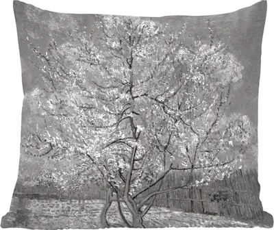 Produktbild von MuchoWow® Zierkissen Sofakissen Wohnzimmer Dekokissen 45x45 cm Blühender Pfirsichbaum - Vincent van Gogh - Schwarz und weiß - Schlafpolster - Polster für das Sofa