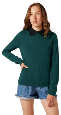 Produktbild von Naf Naf Fly smaragdgrüner Damenpullover mit Stehkragen und Rüschen S