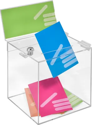 Produktbild von Losbox aus Acrylglas in 200x200x200mm mit Schloß und Topschild DIN Lang Quer - Zeigis® / Spendenbox / Aktionsbox / Gewinnspielbox / transparent / durchsichtig / Acryl /abschließbar