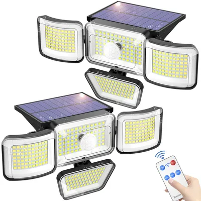 Obrázek produktu pro Solární venkovní osvětlení – balení 2 kusů – 278 LED diod – stupeň krytí IP65 – senzor pohybu – dálkové ovládání – 4 nastavitelné světelné hlavice