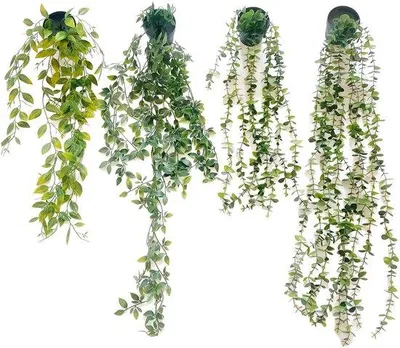Produktbild von Unyqoos® 4er-Set realistische künstliche Hängepflanzen mit schwarzen Töpfen, 60–83 cm, Kunststoff, UV-beständig & wasserdicht, pflegeleicht für Innen und Außen