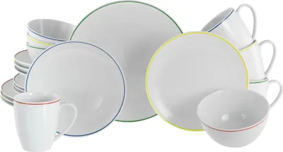 A collection of white ceramic dishes and cups with colored rims, arranged on a white background.