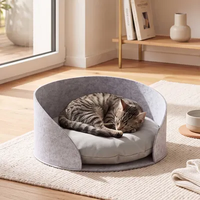 Imagen del producto de Cama redonda para perros/gatos HWC-Q61, con cojín, tipo nido, para mascotas, de fieltro, diámetro 39 cm, color gris