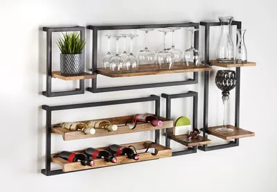 Zdjęcie produktu dla Półka ścienna Kobolo wisząca półka metalowa półka stojak na wino STYLE wykonany z drewna mango i metalu regał pływająca półka stojak na butelkę wina uchwyt dekoracja montaż ścienny