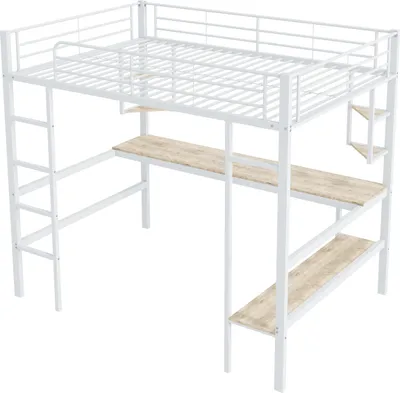 Produktbild von Bettgestell Metallbett, Eisenbett,Hochbett mit Schreibtisch,mit vier kleinen Regalen und einem großen Bücherregal für Kinder, Jugendliche