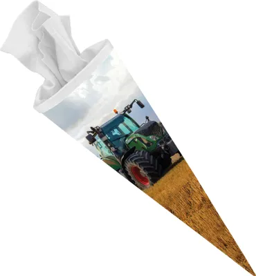 Produktbild von itenga Schultüte Zuckertüte 70cm rund Traktor im Feld Filzverschluss weiß