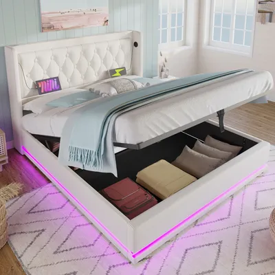 Produktbild von okwish Boxspringbett Polsterbett 160 x 200 cm mit 3-seitige LED-Beleuchtung und Kopfteil mit USB Typ-C-Ladeanschluss, Hydraulisches Stauraumbett mit Bettkasten Stauraum(Ohne Matratze)- Weiß