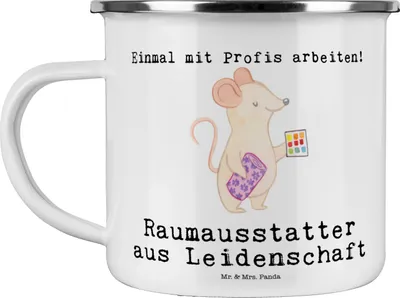 Produktbild von Mr. & Mrs. Panda Emaille Tasse Raumausstatter Leidenschaft - Weiß - Geschenk, Teetasse, Blechtasse, Reisebecher, Pott, Kaffeepott