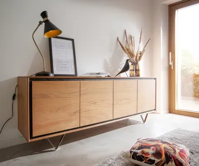 Produktbild von DELIFE Sideboard Stonegrace 200 cm Akazie Natur 4 Türen Steinfurnier V-Fuß
