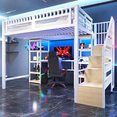Produktbild von Hochbett mit RGB LED-Streifen, Schreibtisch, Lattenrost, Treppe und Regal, Kinderbett mit Rausfallschutz, Metallbett, 140x200cm