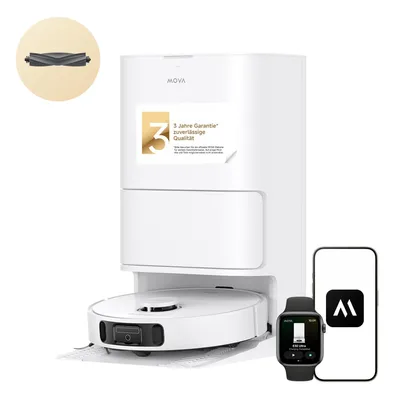 A white robot vacuum cleaner with its charging station, a smartphone, and a smartwatch are displayed against a white background. An inset image shows a spare brush roll.