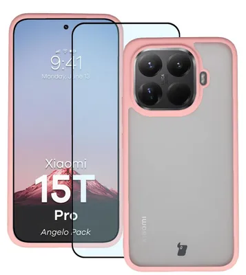 Produktbild von Schutzhülle + gehärtetem Glas für Xiaomi 15T Pro, Bizon Angelo Pack, Semitransparent mit hellrosem Rahmen