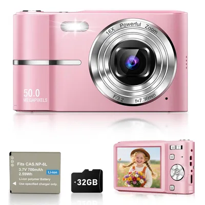 Produktbild von Digitalkamera 50MP 1080P Videokamera, Mini Kompaktkamera mit 16X Digitalzoom & 2,4" Display, Vlogging Kamera für Kinder Teenager inkl. 32GB Karte