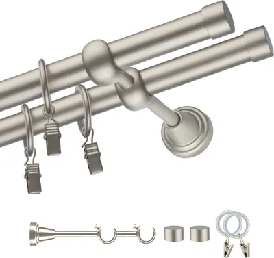 A double curtain rod with rings and clips, shown from a diagonal angle.