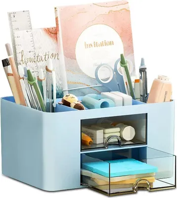 Produktbild von Schreibtisch Organizer, 5 Fächer Plastik Tisch Organizer mit Schublade, Multifunktionaler Schreibtisch Organizer, Stifteköcher für Stifte Büro Zuhause Schule(Blau)