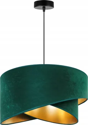 A pendant light with a green velvet lampshade and a gold interior.