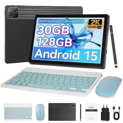 Produktbild von JENBIZZ Tablet 10‘’, 30GB (6 physisch+24 virtuell) RAM + 128 GB ROM, Octa-Core-Prozessor, 6200 mAh, WiFi 6, Android 15, mit Tastatur, Maus, Stylus