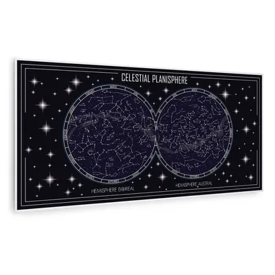 A celestial planisphere showing constellations in the Northern and Southern Hemispheres against a dark, starry background.