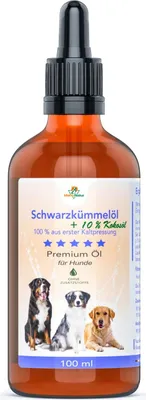 Produktbild von Schwarzkümmelöl für Hunde + 10 % Kokosöl 100 ml - Kaltgepresst und ungefiltert - Glasflasche mit Glaspipette