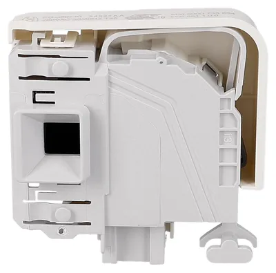 A white plastic washing machine door lock mechanism is shown in a side profile against a white background.
