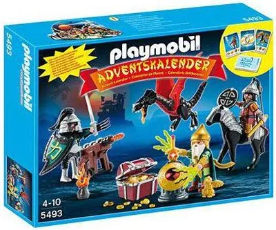 The image shows the front of a Playmobil Advent Calendar box with a fantasy theme, featuring knights, a dragon, and a treasure chest.