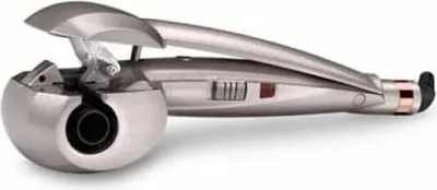 A silver hair curler is shown against a white background.