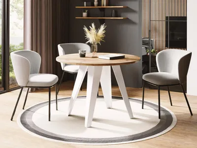 Obrázek produktu pro Jídelní stůl Glory White v industriálním stylu - moderní, kulatý - rozkládací z 90 cm na 130 cm, s kovovými nohami s práškovým nástřikem, stůl do malé kuchyně - dub Craft