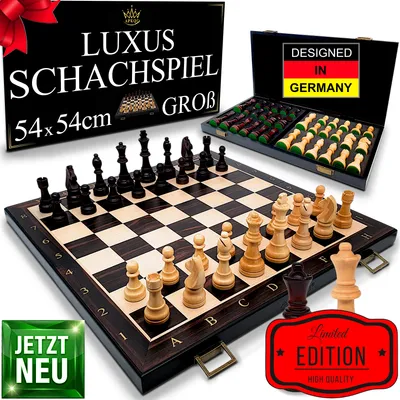 Produktbild von APEQi® LUXUS SCHACH - großes Schachspiel Holz HOCHWERTIG - [54x54cm], Massivholz, 2 EXTRA-Damen, Geschenkidee - klappbares Schachbrett aus Holz groß