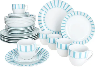 A set of white porcelain dishes with turquoise stripes, including plates, bowls, and cups, arranged on a white background.