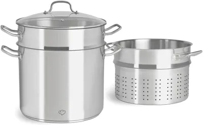 Produktbild von Edelstahl Kochtopf mit Glasdeckel 11 L, Gemüsetopf Induktion, Suppentopf, Nudeltopf inkl. Siebeinsatz/Dampfgarer und Nudelsieb