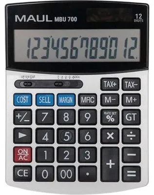 Zdjęcie produktu dla Kalkulator biurkowy MAUL MBU 700 1-liniowy wyświetlacz LCD, 12 cyfr Bateria słoneczna 15,5 x 11,5 x 2,5 cm czarny