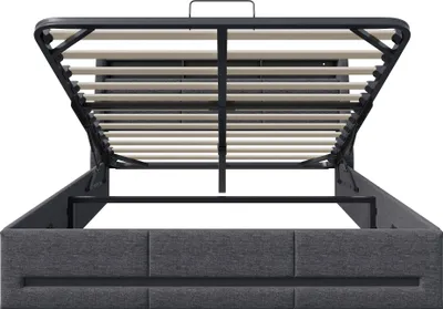 Zdjęcie produktu dla łóżko 140x200 cm z oświetleniem LED i złączem USB, stelaż listwowy, łóżko do przechowywania z zagłówkiem, hydrauliczne łóżko do przechowywania dla 2 osób, szare