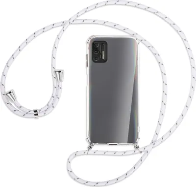 Produktbild von Handykette Backcover-Schutzhülle mit Band (Metall silberfarben) für Motorola Moto G Pro 2021 - weiß/grau