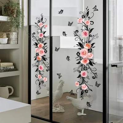 Produktbild von Fensteraufkleber Blumen Wandaufkleber Rosa Schwarze Blumen Dekoraufkleber Wohnzimmer Badezimmer Küche Babyzimmer Dekoration