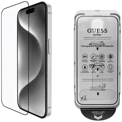 Imagen del producto de Kit 2 en 1 Guess Bp: Protector de pantalla y lente de cámara con incrustaciones de strass, para iPhone 16 Pro Max, color plateado