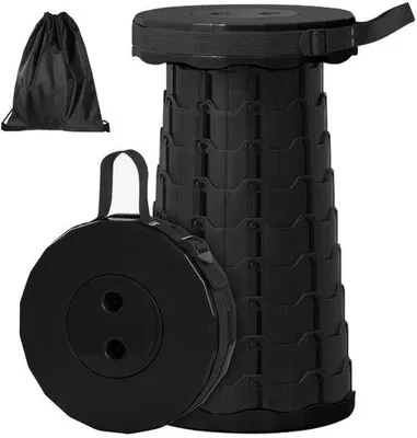 Produktbild von Unyqoos® Tragbarer verstellbarer Campinghocker – ultrakompakt, 12 Höhen 6,5–45 cm, 1 kg, belastbar bis 225 kg, mit Transporttasche