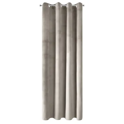 A single beige curtain hanging from a curtain rod.